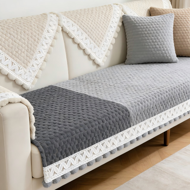 Woven Velvet Cut Pile Sofa Protector with Pom-Pom Trim 70cm