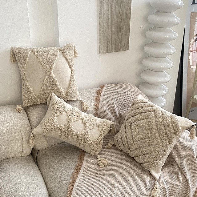 Embroidery Tufted Tassel Pillowcase Macrame