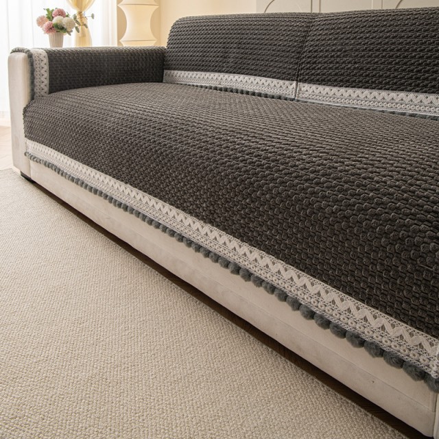 Woven Velvet Cut Pile Sofa Protector with Pom-Pom Trim 70cm