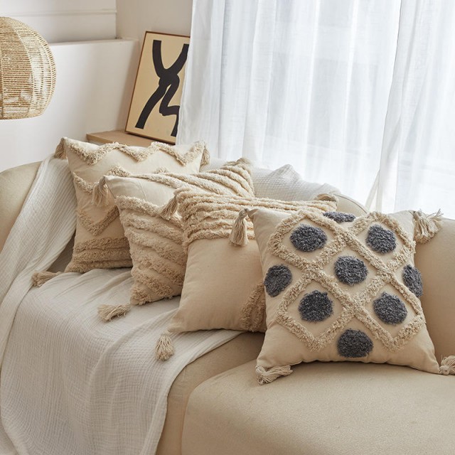 Bohemian Style Tufted Pillow Cushion Cover Plain Canvas Pillow Covers