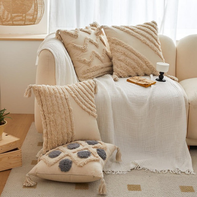 Bohemian Style Tufted Pillow Cushion Cover Plain Canvas Pillow Covers